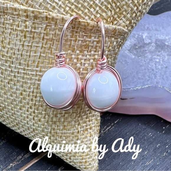 Alquimia rose Gold and White jade Drop Earrings with Textured Stones - Picture 1 of 1